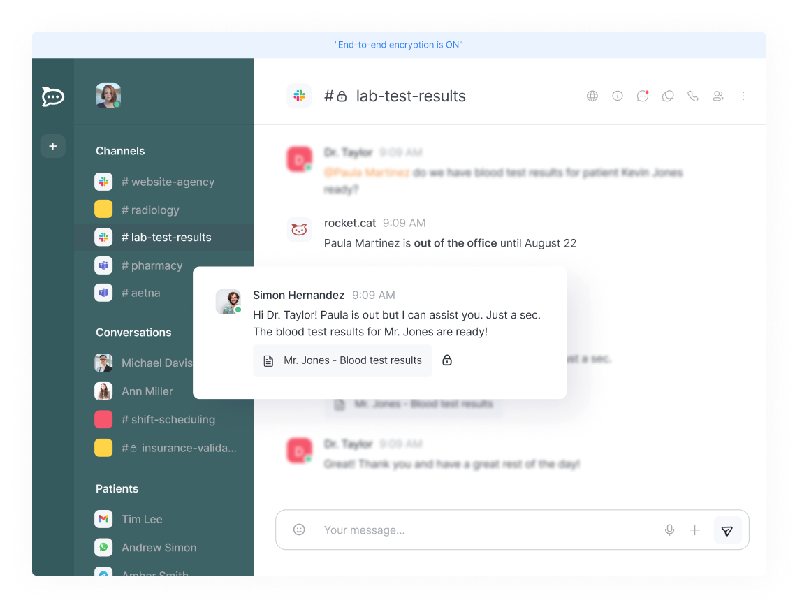 Rocket.Chat-Übersicht mit Kanälen und einer verschlüsselten Unterhaltung